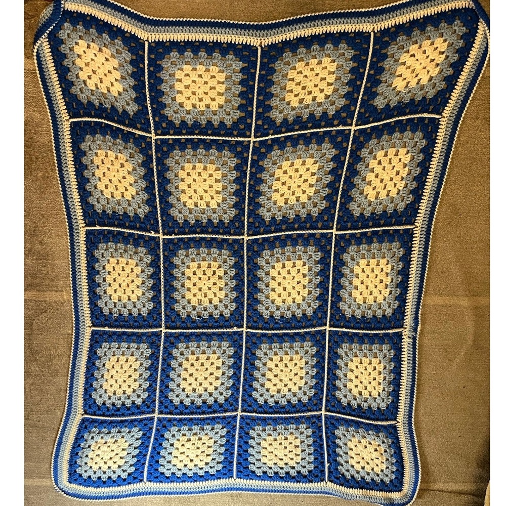 Vintage Handmade Crochet Granny Square Blanket Blue Cream Throw 52x380